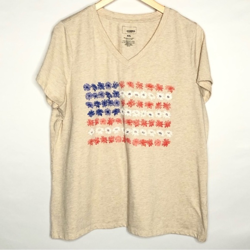 Sonoma Heathered Tan Patriotic Short Sleeve Tee Floral American Flag Size XXL